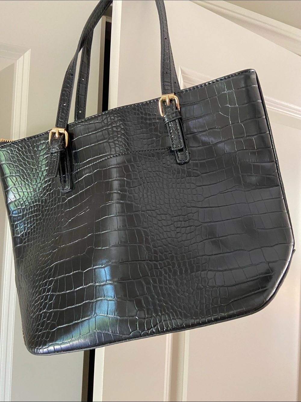 Anne Klein Black Croc Tote with Gold Accents - Picture 2 of 6